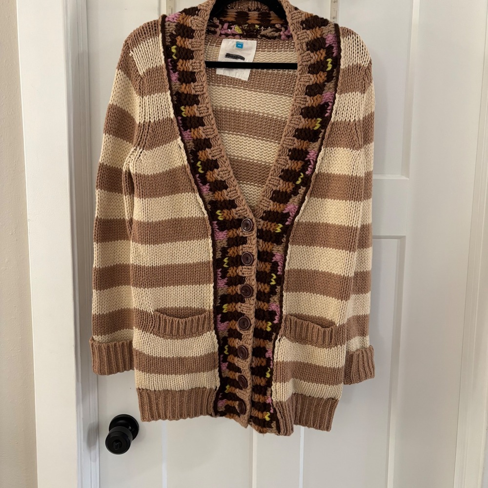 Anthropologie Sparrow Striped Crochet Trim Long Cardigan Sweater Women's Medium